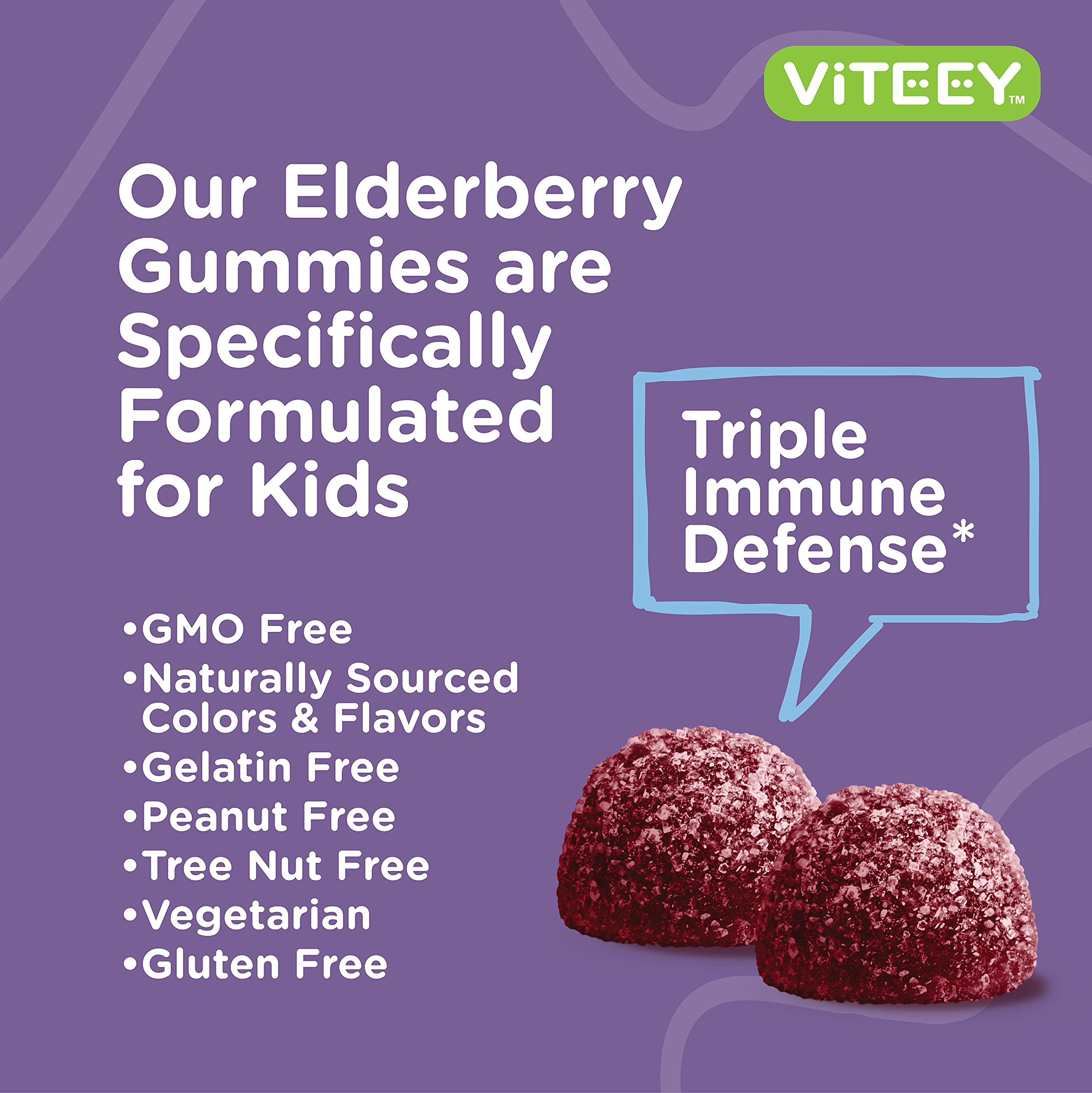 Viteey Sambucus Elderberry Gummies for Kids Immune Support Supplements with Vitamin D3 & Vitamin C 3-1 Immune Booster - Vegetarian, Gelatin Free, Gluten Free, GMO Free - Tasty Chewable Berry Flavored