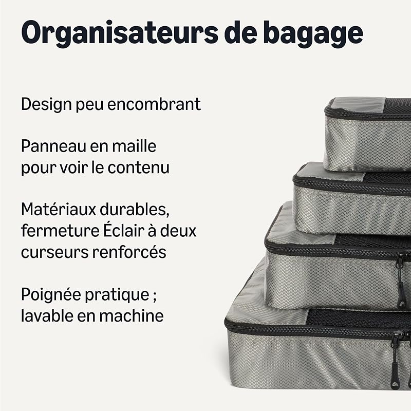 Ensemble de 4 Cubes de Rangement, Organisateurs de Voyage, Double Fermeture Éclair, Dessus en Maille, 100% Polyester, Tailles S/M/L et Format Fin, Gris (Anciennement Amazon Basics)