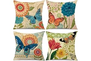 wyooxoo Spring Summer Pillow Covers 18x18 Set of 4 Farmhouse Throw Pillow Covers Linen Flower Butterfly Decorative Pillowcases for Sofa Couch Living Room Outdoor