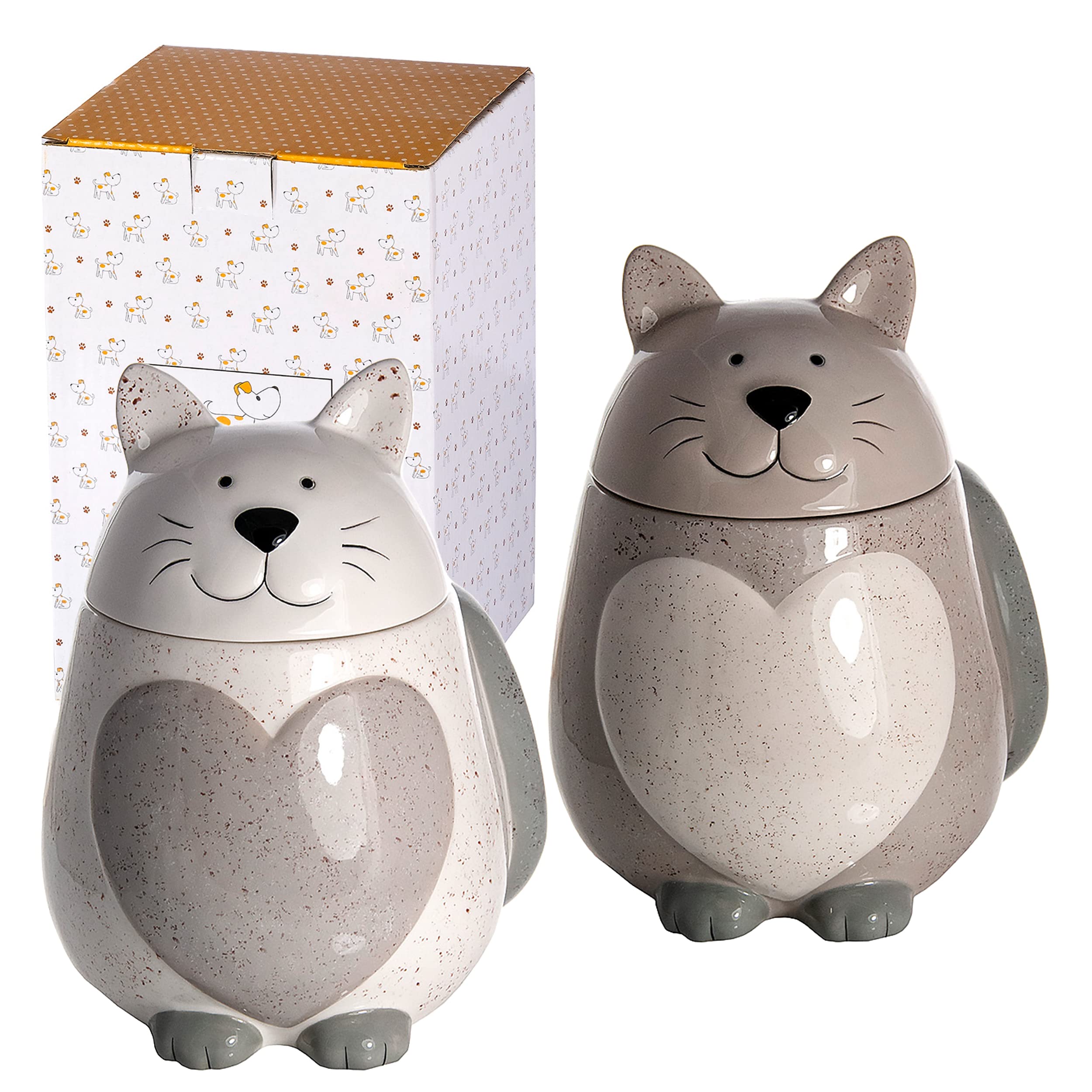 SPOTTED DOG GIFT COMPANY Ceramic Storage Jars with Lids, Set of 2 Kitchen Canisters for Food Tea Coffee Sugar Treats, Cute Cat Themed Accessories, Cat Gifts for Women Men (Grey, White)