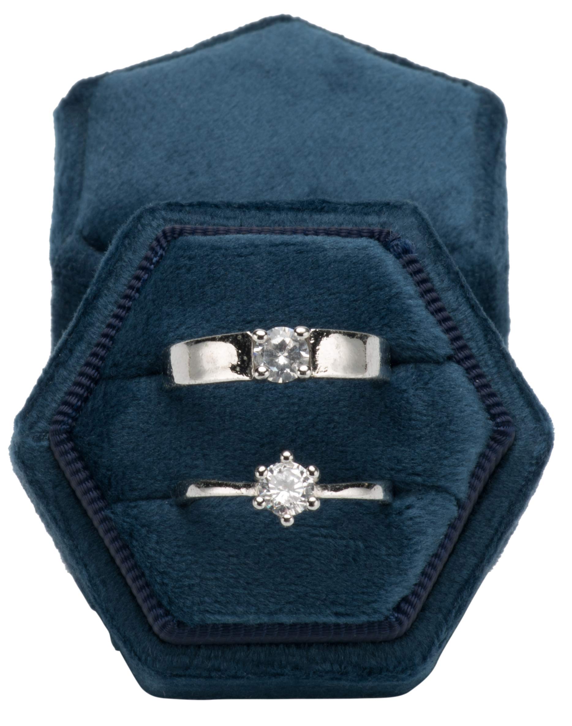 POKOFO Vintage Hexagon Velvet Bearer Box Double Ring with Detachable Lid (Dark Blue)