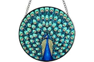 BLISSIQUEE Stained Glass Wall Hanging Ornament Peacock Spread Wings, Suncatcher Four Seasons Theme Colorful Leaves Window Hand-Painted Glass Panel Decor Gift for Women Christmas Thanksgiving Gift 5.9’’*5.9’’