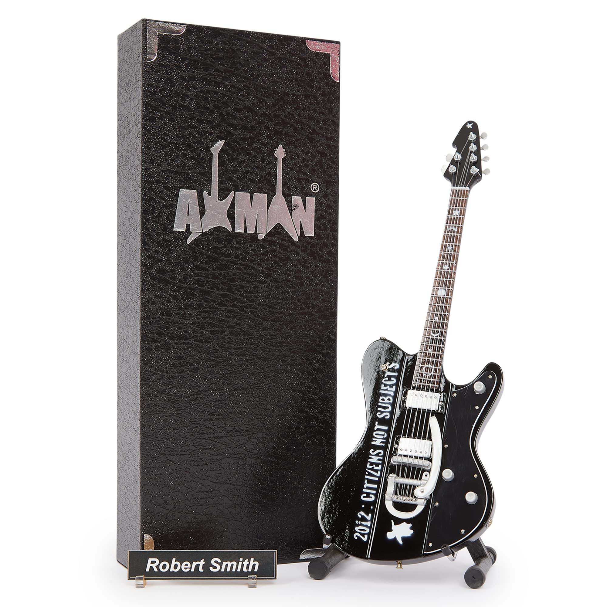 Robert Smith (The Cure): UltraCure Miniature Guitar Replica - Music Gifts - Handmade Ornamental 1/4 Scale - Includes a Display Box, Name Tag and Miniature Guitar Stand