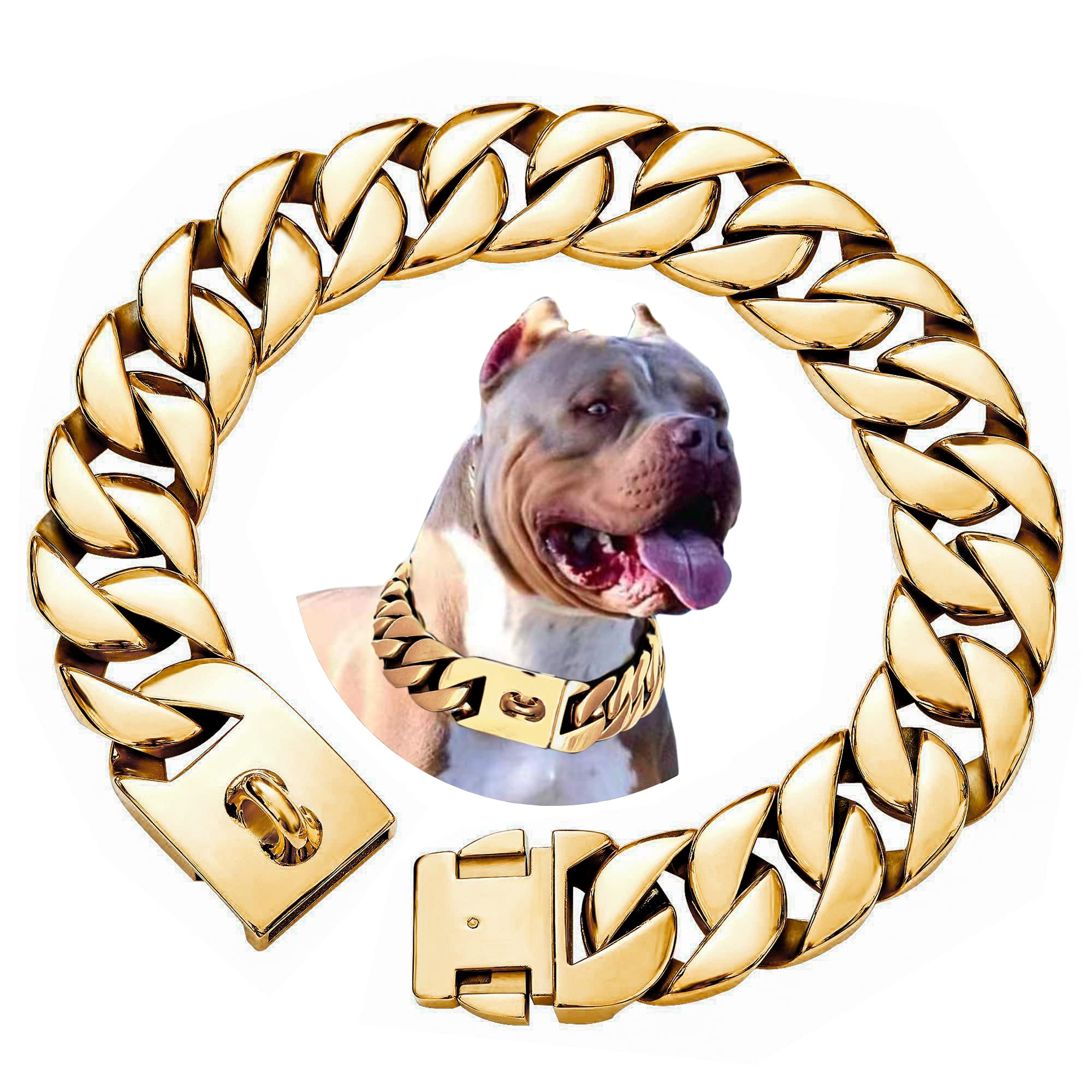 Photo 1 of txprodogchains Big Dog Chain Collar with Buckle Strong Heavy Duty 32MM Thick Wide Stainless Steel Metal 18K Gold Cuban Link Chain Collar for Large Dogs