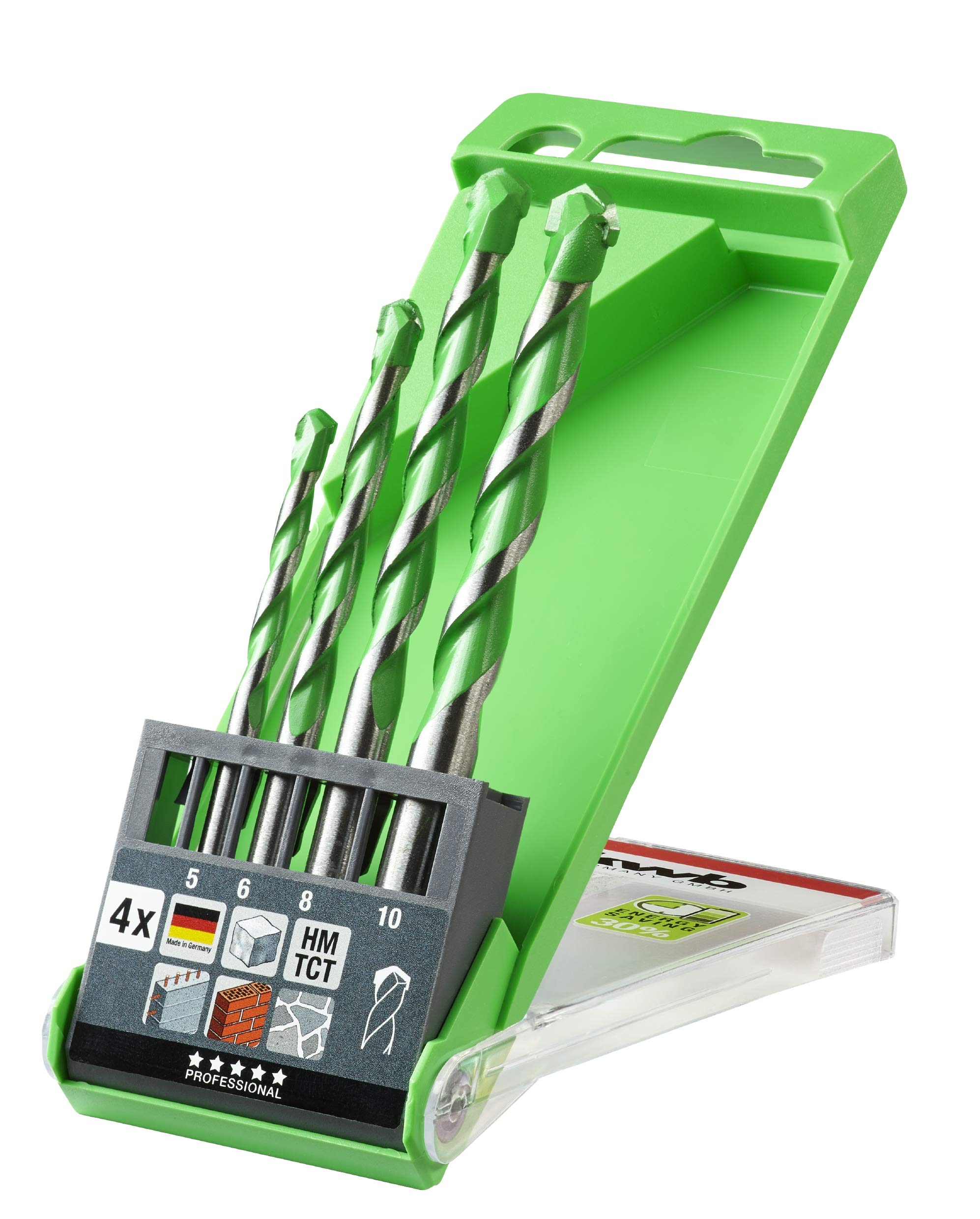 kwb AKKU TOP Hardcut Granite Drill Bit Set - 4-Piece Diamond Ground Stone Drills, Ø 5, 6, 8, 10 mm, Made in Germany