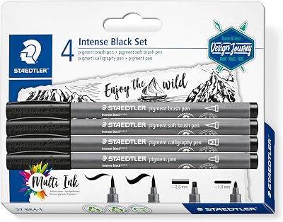 Juego de pinceles de pigmento negro intenso, diferentes pinceles, pincel suave, caligrafía y puntas de revestimiento, color negro intenso, resistente al agua, 4 plumas en blíster, 37 BK4-1