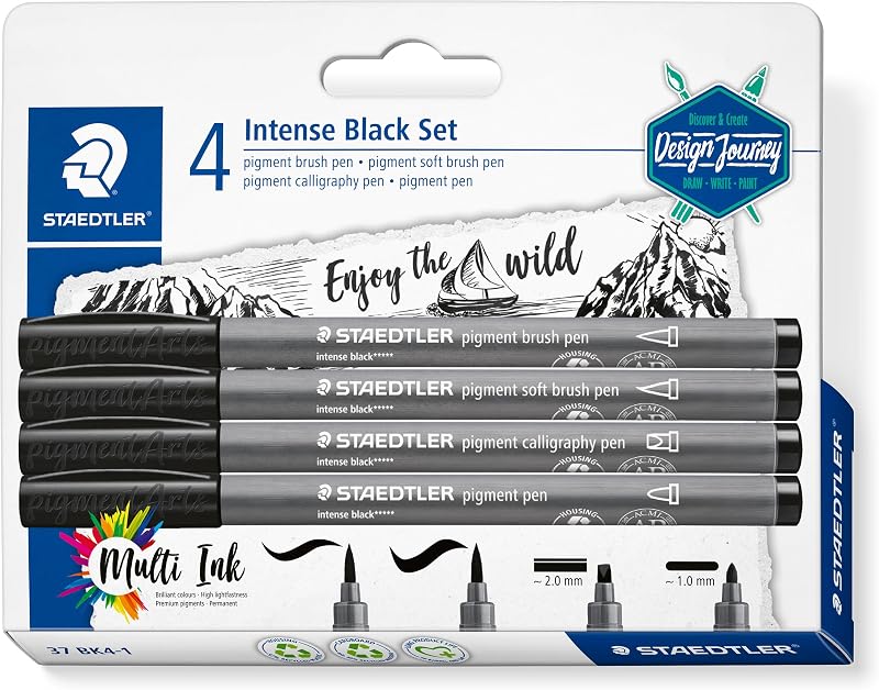 STAEDTLER Pigment Brush intense Black set - escova de pigmento, pincel pigmento macio, caligrafia e caneta de pigmento, cor preta intensa, resistente à água, 4 marcadores de arte de pigmento em blister, 37 BK4-1