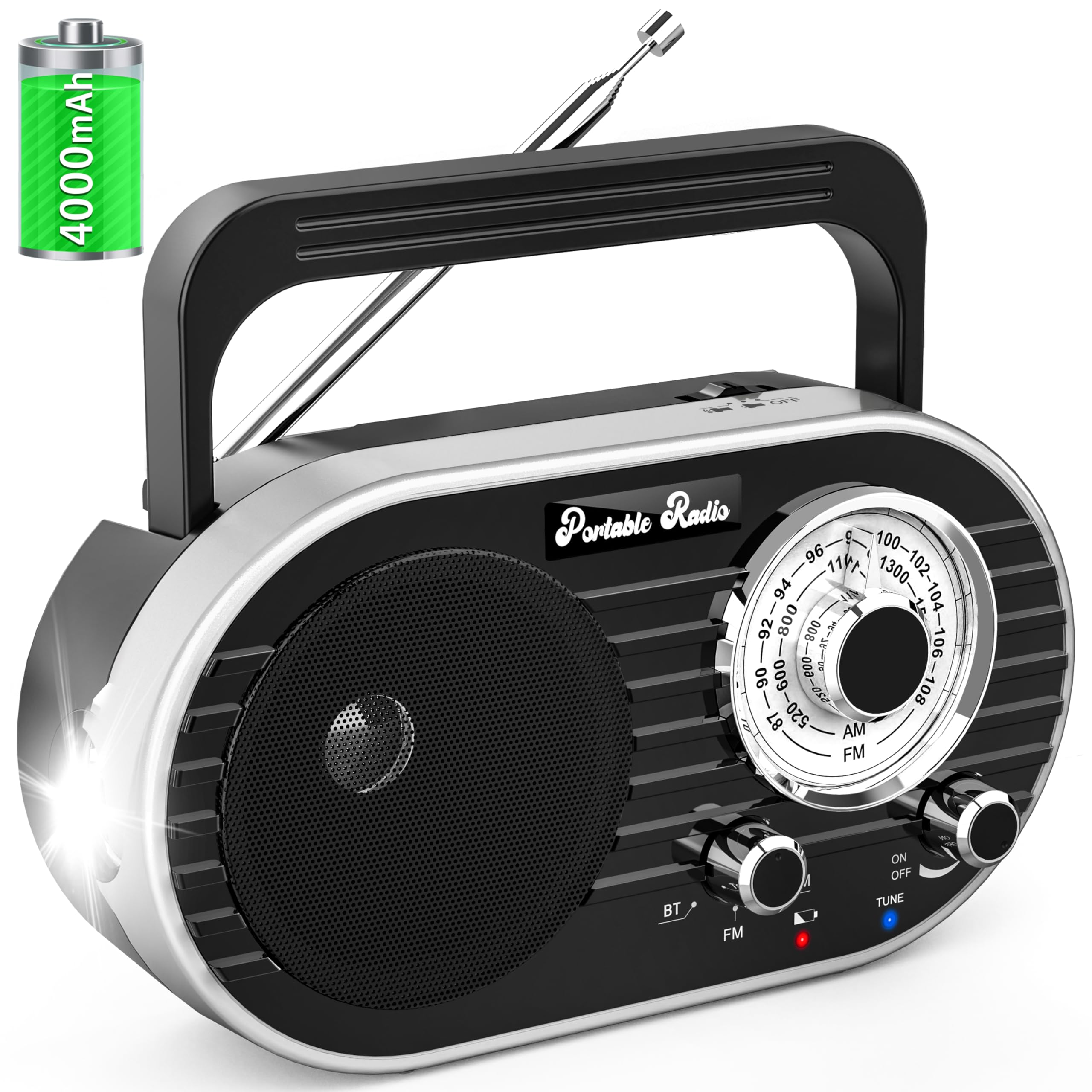 Photo 1 of Portable AM FM SW Radio with Bluetooth,4000mAh Rechargeable Radio with Big Speaker,Flashlight,Large Knob,Earphone Jack,4 AA Battery Operated Radio,Transistor Radio with Best Reception for Home&Outdoor