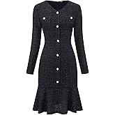 Hobemty Women's Tweed Dress 2025 Long Sleeve Wedding Cocktail Bodycon Fishtail Dresses