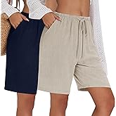 Neer 2 Pack Linen Women's Shorts High Waisted Casual Bermuda Wide Leg Drawstring with Pocket Knee Length
