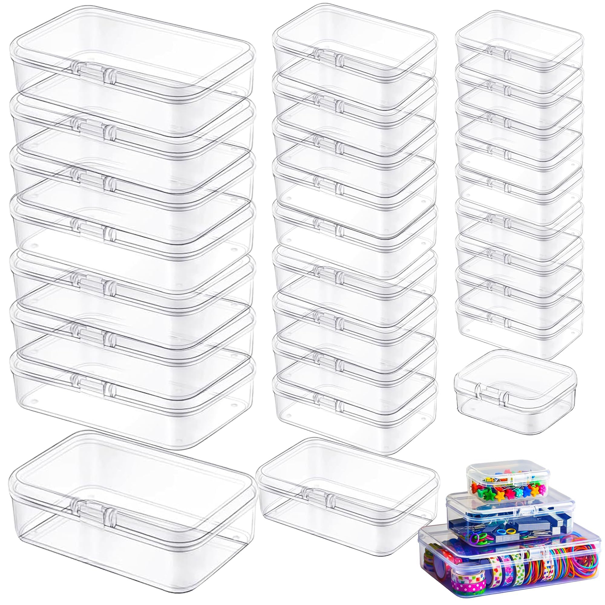 LJY 28 Pack Small Plastic Containers with Lids, 3 Mixed Sizes Rectangular Clear Storage Boxes for Diamond Art Accessories, Beads and Hardware, Stackable Craft Organizer Set