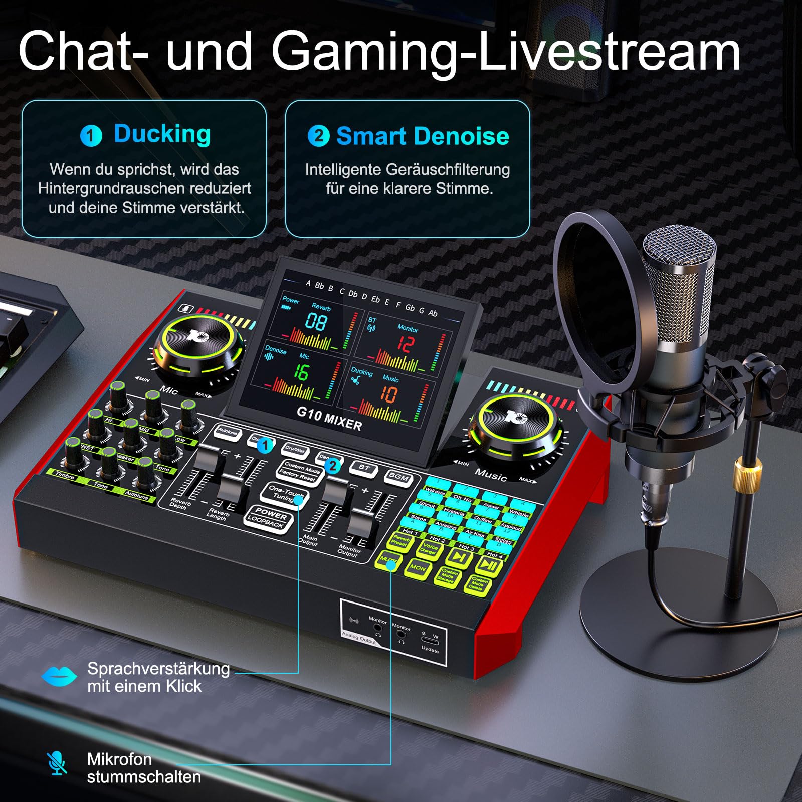 Podcast Mikrofon Set mit Audio Mixer, 3,5mm Kondensator Mikrofon für Streaming & Gesang, Voice Changer, Rauschunterdrückung, Plug & Play für PC, Handy, YouTube & TikTok Creator 4