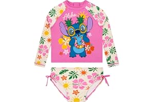 Disney Lilo and Stitch Girls Swimsuit, Stitch Kids Swimsuit, Kids Bathing Suit with Bows, Long Sleeve Bathing Suits for Girls