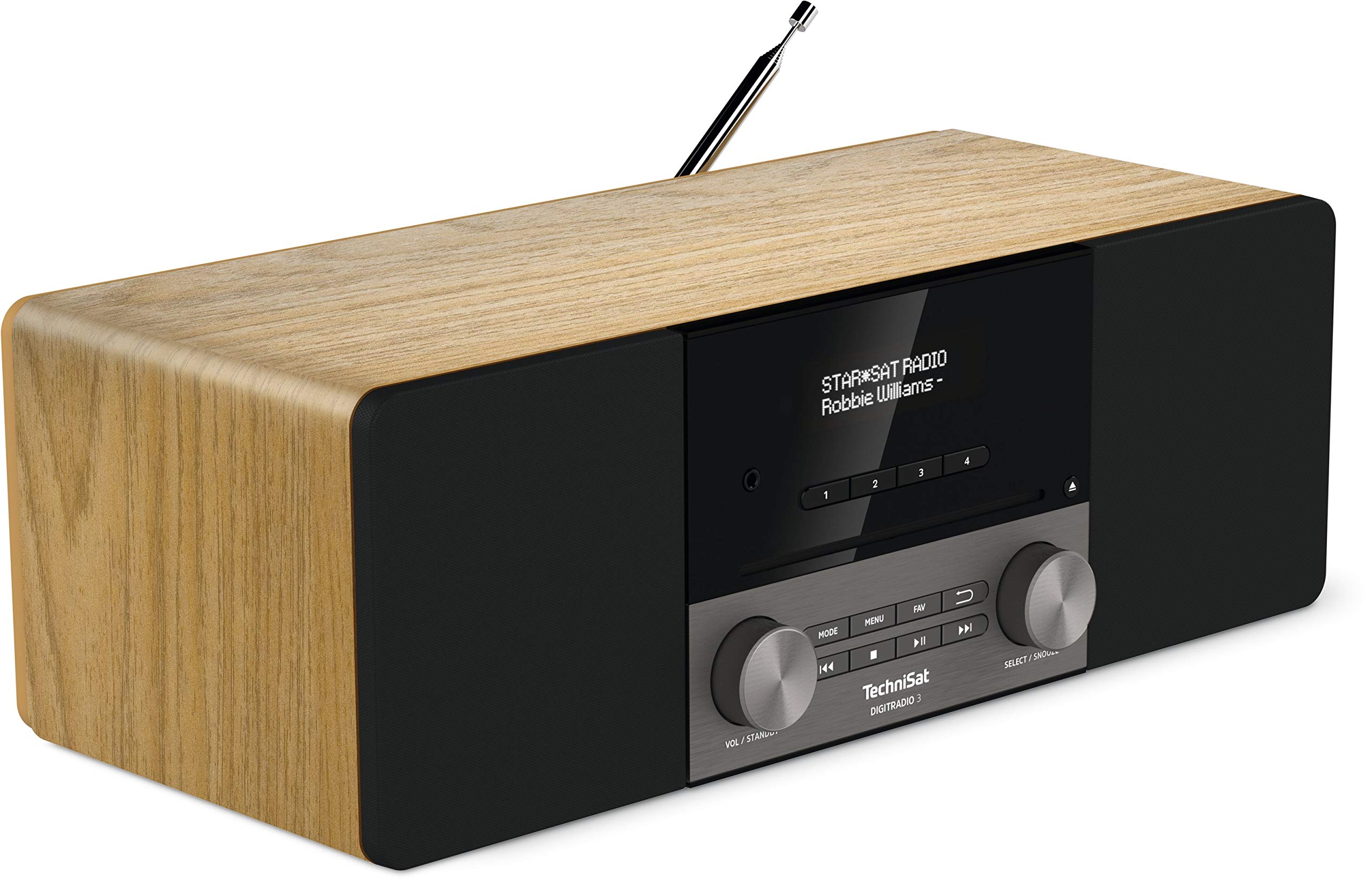 Technisat Digitradio 3 - Radio Compact Stéréo Dab (Dab+, Fm, Lecteur Cd, Bluetooth, Usb, Prise Casque, Entrée Aux, Radio-Réveil, Ecran OLED, 20 Watt Rms) Chêne