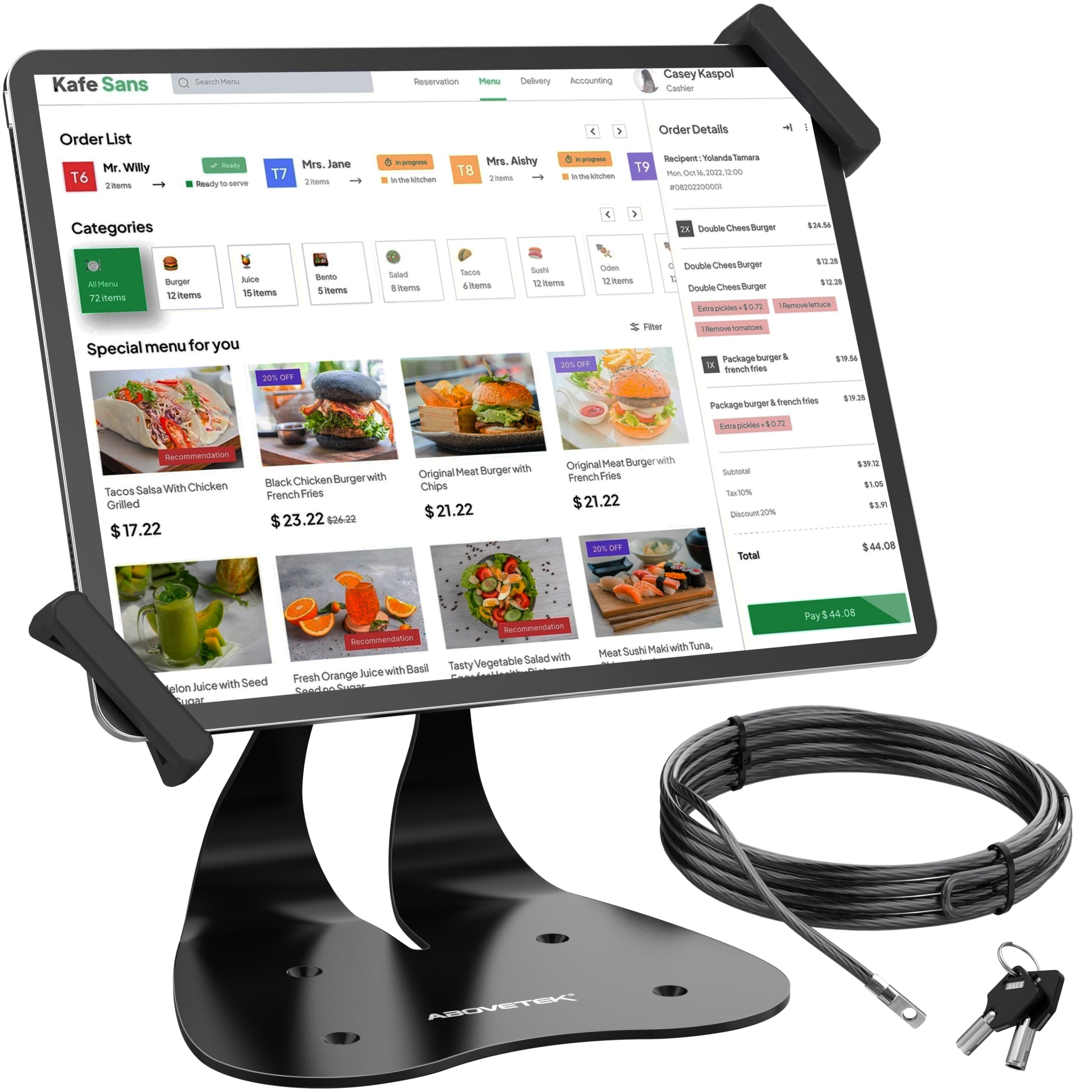 AboveTEK Anti-Theft Tablet Stand, Universal Security POS Tablet Holder, Diagonally-Oriented iPad Lock Mount for 7-13 inch iPad, Galaxy with Security Cord and Key, 360° Swivel for Business and Retail