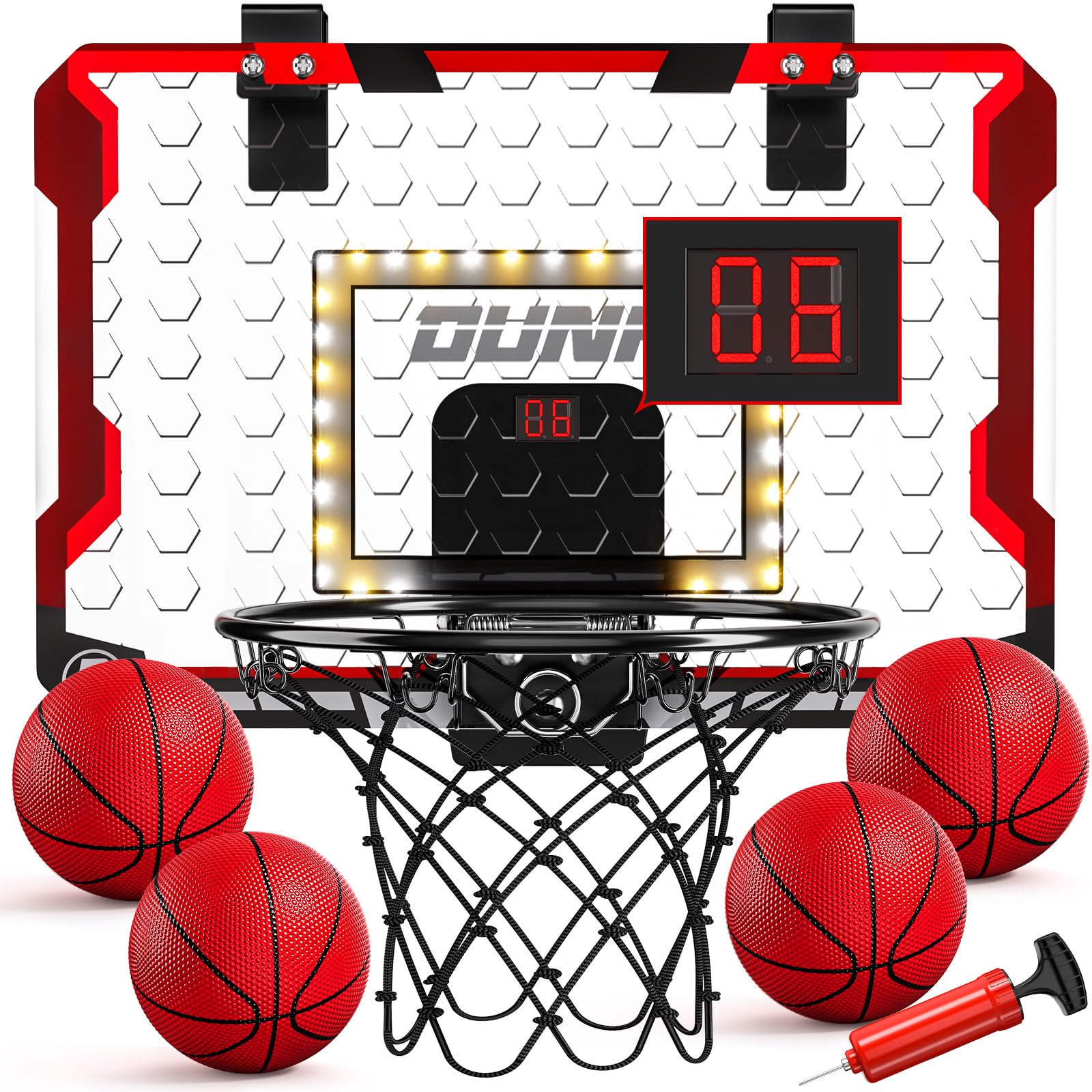 TEMI Basketball Hoop Indoor, LED Lights and Sounds Basketball Hoop with 4 Balls & Electronic Scoreboard, Over The Door Basketball Hoop, Basketball Gifts 3 4 5 6 7 8 9 10 Years Boys Girls Kids Teen