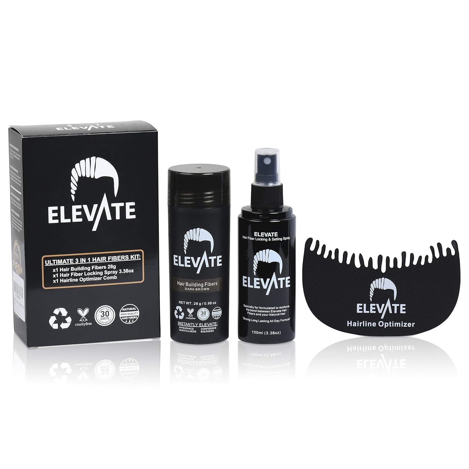 ELEVATE Hair Ultimate Perfecting 3-in-1 Kit Set Includes Natural Hair Thickening Fibers | Locking & Setting Hold Hair Spray | Hairline Optimizer Comb | Instantly Conceal & Thicken Hair (Dark Brown): Beauty