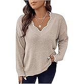 MAKEMECHIC Women's Plus Size Long Sleeve Sweaters Scalloped V Neck Knit Cozy Sweater Pullover
