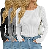 Oakgarden 3 Pack Women's Ribbed Long Sleeve Tops Crew Neck Slim Fit Cotton Shirt Basic Casual Tee with Thumb Hole