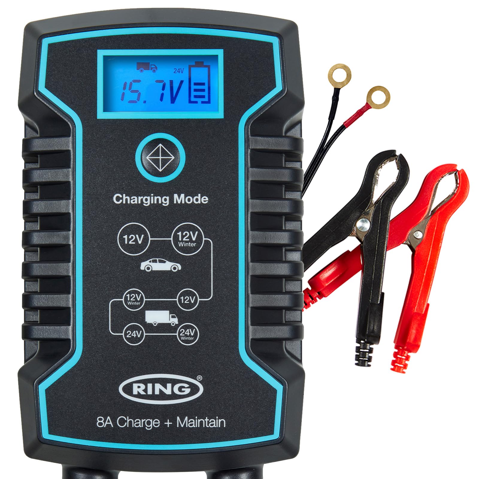 RING 8A Smart Battery Charger & Maintainer - Compatible with Large Vehicles: Connect Quickly with Clamps or Included O-Ring Terminals