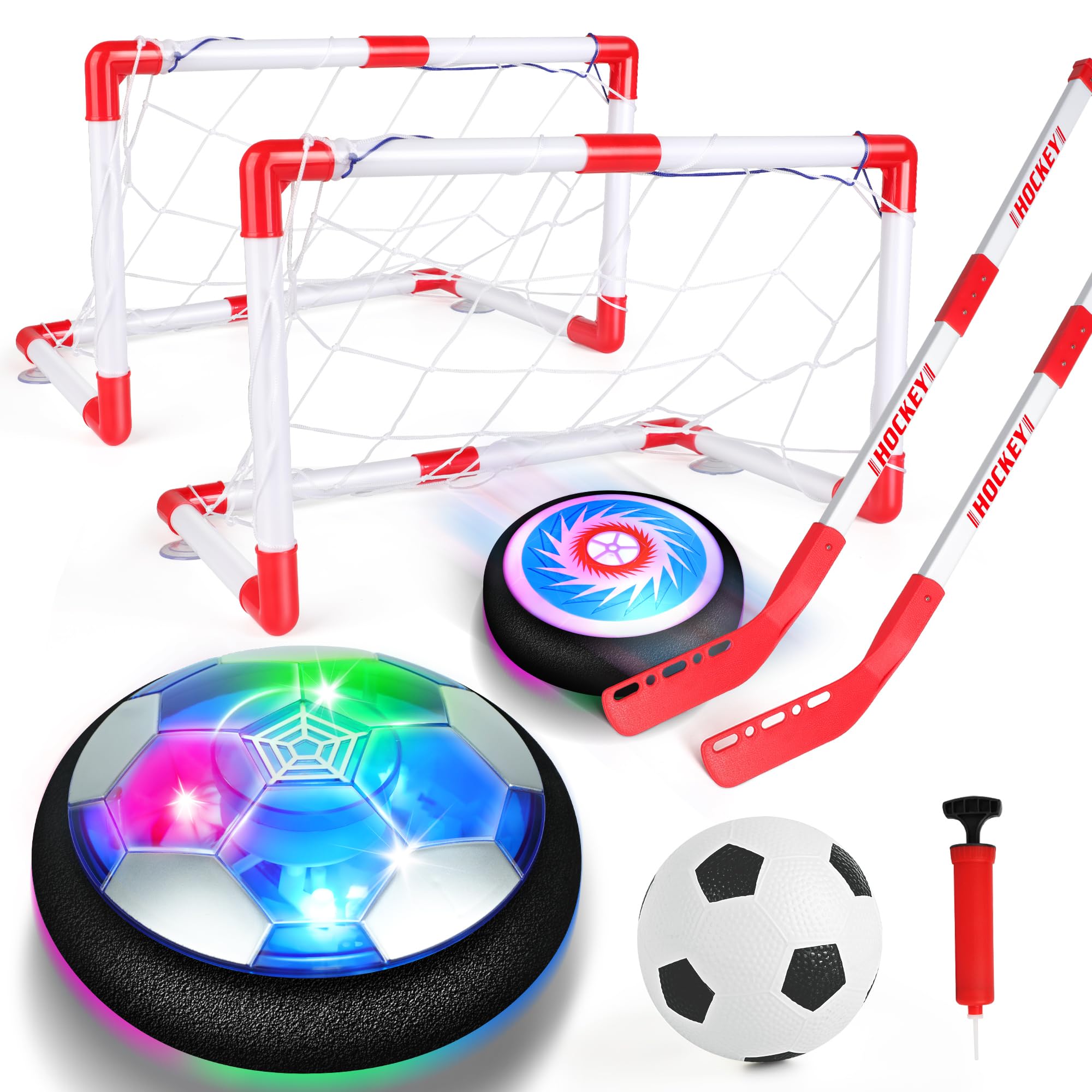 Photo 1 of Billeeit 3-in-1 Hover Soccer Ball Set, Including 2 LED Hover Hockey and Soccer Ball Toys, Festive Red & White Goals, Sports Game Toy, Christmas/Birthday Gift for 4-8, 8-12 Years Old Boys