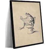 Funny Animal Canvas Wall Art Frog on Toilet Reading Newspaper Painting Picture Wall Decor Black White sketch Poster Print Artwork for Bathroom Home Decoration Framed