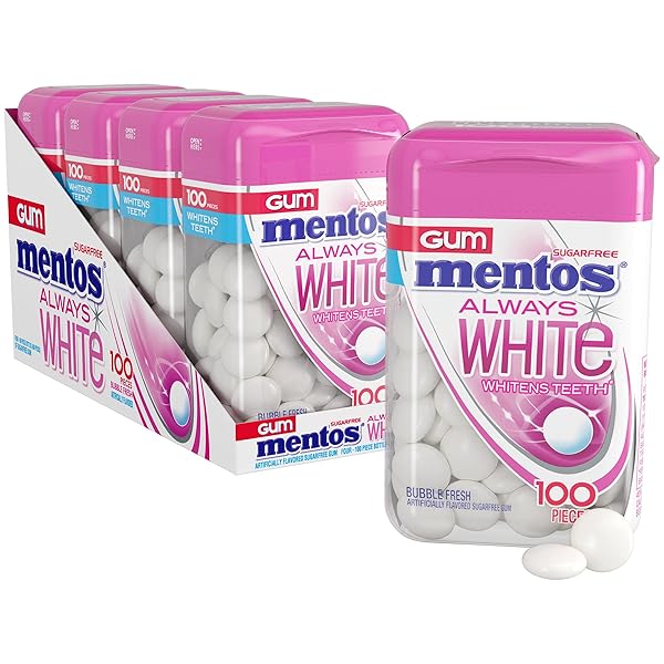 MENTOS ALWAYS WHITE BUBBLE FRESH SUGAR FREE GUM WITH XYLITOL SWEETENER, 100 COUNT BOTT