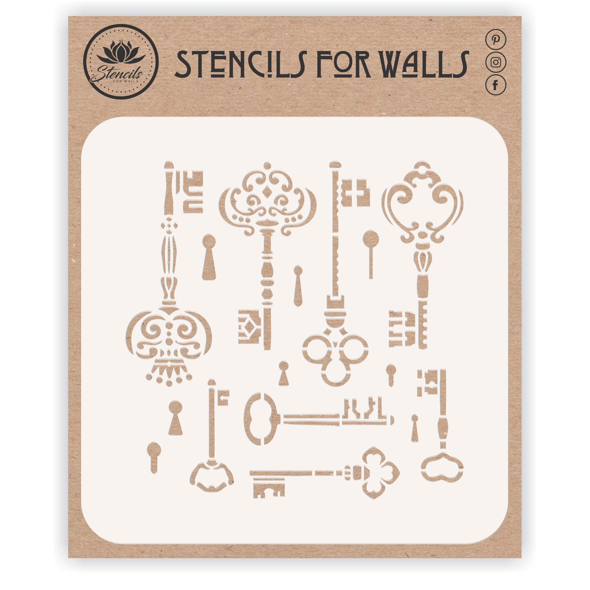Vintage Keys Stencil, 16.51 x 16.51 cm (M) - Stencils for Walls Original Classic Locks and Keys Design Stencil Template