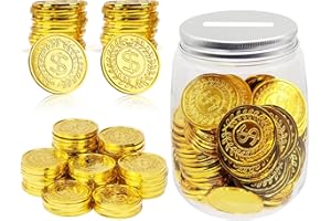Mczxon Plastic Gold Coins 100 Count, Pirate Treasure Play Golden Toy Coins Bulk with Coin Jar, Small Plastic Play Gold Prop Pretend Pirate Reward Tokens Coins Toy for Kids Party Treasure Hunt Game