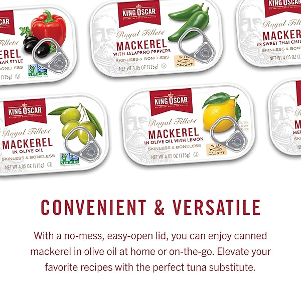 KING OSCAR MACKEREL IN OLIVE OIL, 4.05 OUNCE CAN (PACK OF 1, PACKAGING MAY VARY), SKINLESS & BONELESS, WILD CAUGHT CANNED MACKEREL