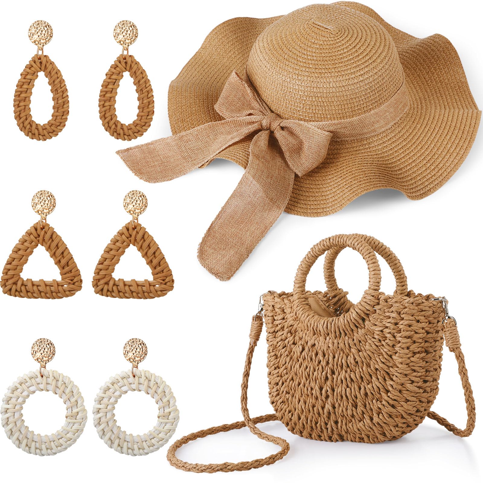 Photo 1 of Pinkunn 5 Pcs Women Straw Bag and Beach Hat Set, Boho Rattan Purse Earring Bow Wide Brim Sun Hat for Summer Vacation(Elegant)