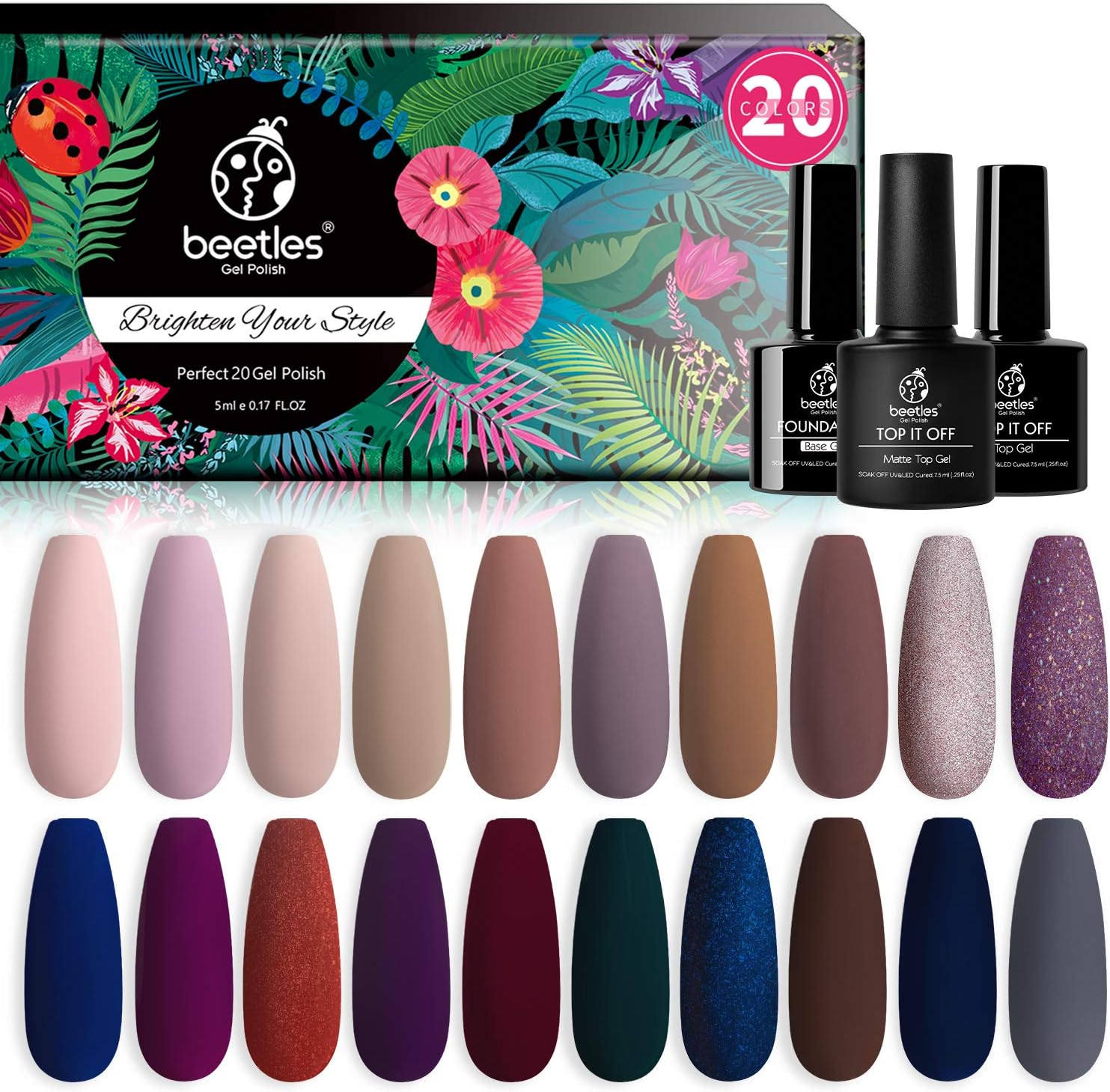 Beetles 20 Pcs Gel Nail Polish Kit, Spring into Summer Collection Soak Off Nail Gel Polish Pastel Nail Polish Neon Gel Polish Starter Kit with Glossy & Matte Top Coat and Base Coat : Beauty