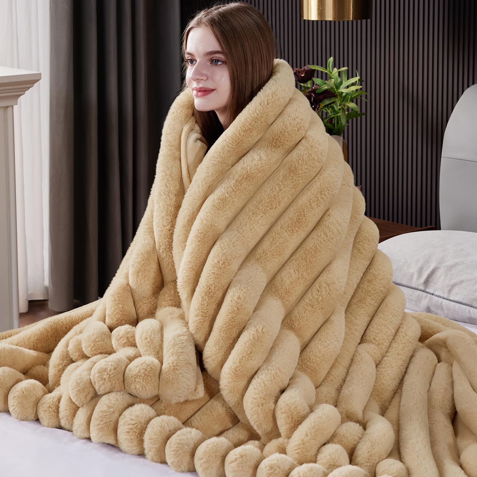 Photo 1 of ***FACTORY SEALED***HaloRest Faux Fur Throw Blanket, Thick 1000GSM Fluffy Cozy Throw Blankets for Bed, Luxury Plush Striped Warm Soft Blanket for Couch LivingRoom Home Decor & Gifts(50"x 70", Beige)