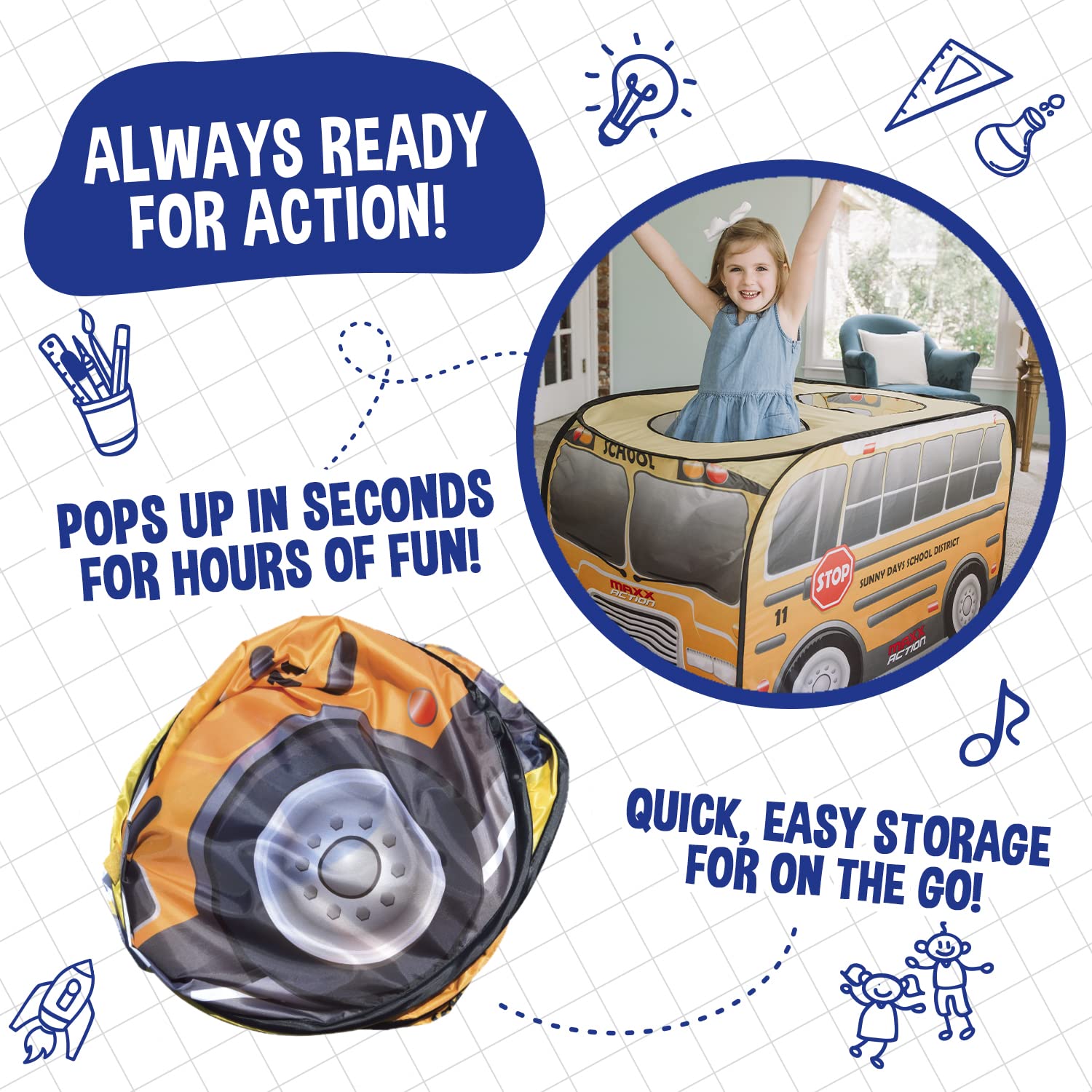 Sunny Days Entertainment Pop Up School Bus – Indoor Playhouse for Kids | Yellow Vehicle Toy Gift for Boys and Girls