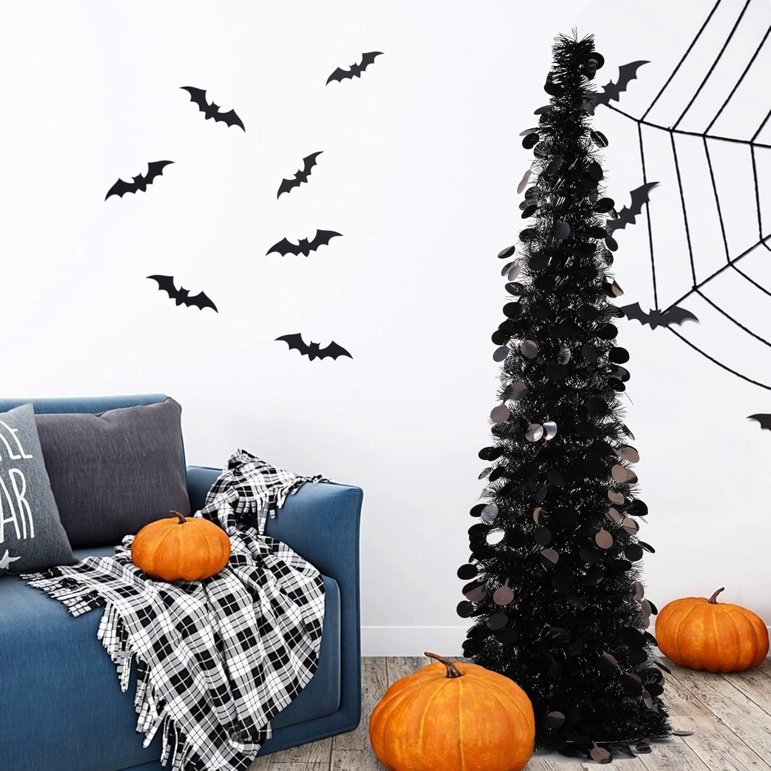 Trees - Fonder Mols Black Tinsel Tree for Halloween Decorations, 5ft Collapsible Pop Up Artificial Pencil Tree for Halloween Decor Indoor Outdoor