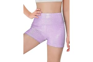 Haloumoning Girls Sparkle Glitter Athletic Shorts Kids High Waist Gymnastics Dance Shorts Tumbling Outfits 5-14 Years