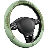 PIC AUTO Steering Wheel Cover, Green Patterned Leather Patchwork Design, Universal Fit 14.5"–15.5", Anti-Slip, Odor-Free, Soft PU Grain Leather, Durable Grip Car Accessory for Girls & Women