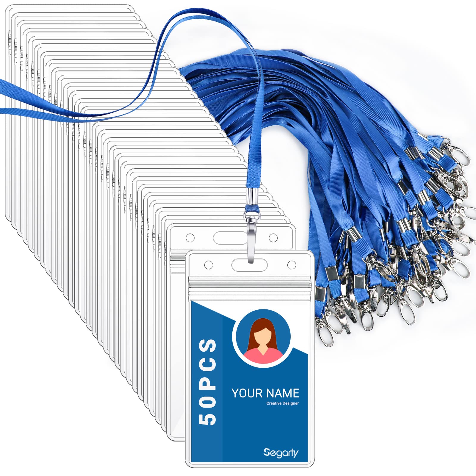 Photo 1 of Segarty Lanyard with ID Holder, 50 Pack Vertical Badge Clear Plastic Name Tags Neck Key Card Bulk, Blue Strap Clips Waterproof Ziplock Nametag Protector for Women, Business, Student, School, Office
