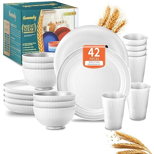 Wheat Straw Dinnerware Sets,42-Piece Plates and Bowls Sets for 6-Unbreakable,Reusable Plastic Dish Set-Dinner Plate/Cereal Bowl/Cup/Utensils-Microwavable Dishwasher Safe 42P-Light Gray