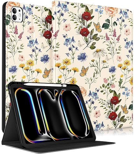 Kidcube Custodia A Libro Con Fiori Per IPad Pro 13 M4 (2024) - Supporto Girevole, Portapenne E Slot Per Carte - 3