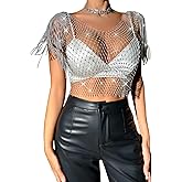 Women Rhinestone Crop Top Sparkly Body Chain Fishnet Fringe Shoulder Tank Top Crystal See Through Party Clubwear
