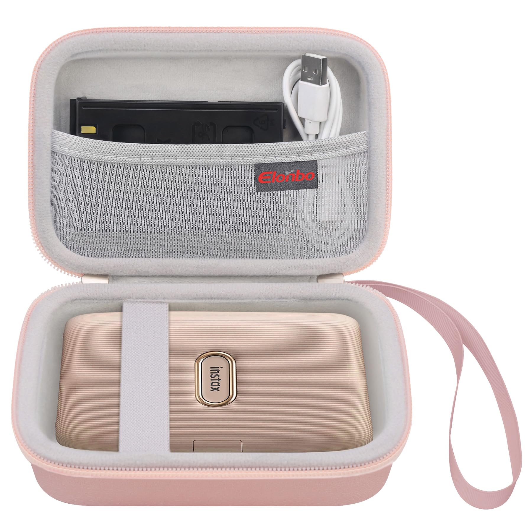 Elonbo Hard Carry Case for Fujifilm Instax Mini Link 3/ Fujifilm Instax Mini Link 2 Smartphone Printer, Portable Instant Photo Printer Travel Case, Mesh Pocket Fits Photo Paper and Cable, Rose Gold