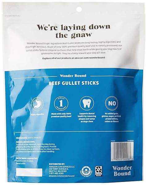 AMAZON BRAND – WONDER BOUND BEEF GULLET STICKS DOG TREATS, 5-6 INCH, PACK OF 25, HIGHLY DIGESTIBLE, MINIMALLY PROCESSED, 7.05 OUNCE, 25 COUNT (PACK OF 1)