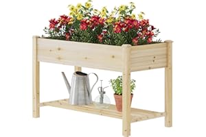 GHWIE Raised Garden Bed with Shelf,Elevated Wooden Planter Box with Legs,Garden Planter for Backyard, Patio, Balcony,200lb Capacity - Natural