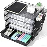 LEKETREE Desk Organizer and Accessories, 5-Tier Paper Letter Tray Organizer with Drawer & 2 Pen Holders for Desktop File Organization, Office Desk Accessories for Supplies Storage (Black)