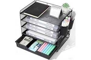 LEKETREE Desk Organizer and Accessories, 5-Tier Paper Letter Tray Organizer with Drawer & 2 Pen Holders for Desktop File Organization, Office Desk Accessories for Supplies Storage (Black)
