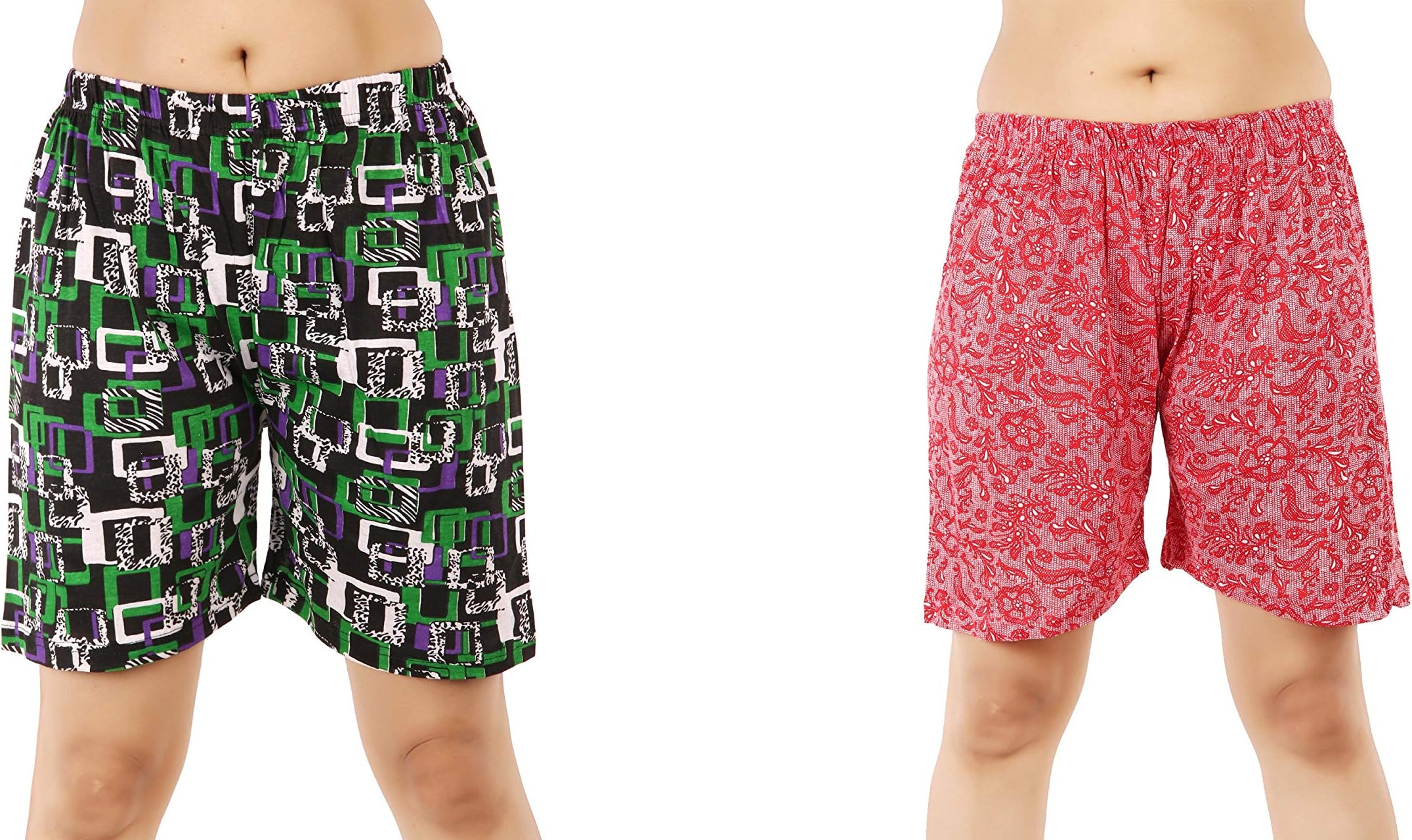 MUKHAKSH (Combo of 2 Pack) Girls/Women/Ladies Hot/Latest Multi Colour Shorts for Nightwear/Lounge Wear/Casual Wear (Print May Vary) (Free Size 26 to 34 Waist) (Size 26/28/30/32/34)