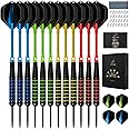 centaur 12 Pack Steel Tip Darts, Professional 22 Grams Metal Dart Set with Frosted PVC Shafts and 5 Style PET Flights and Dart Case, Silver & Black