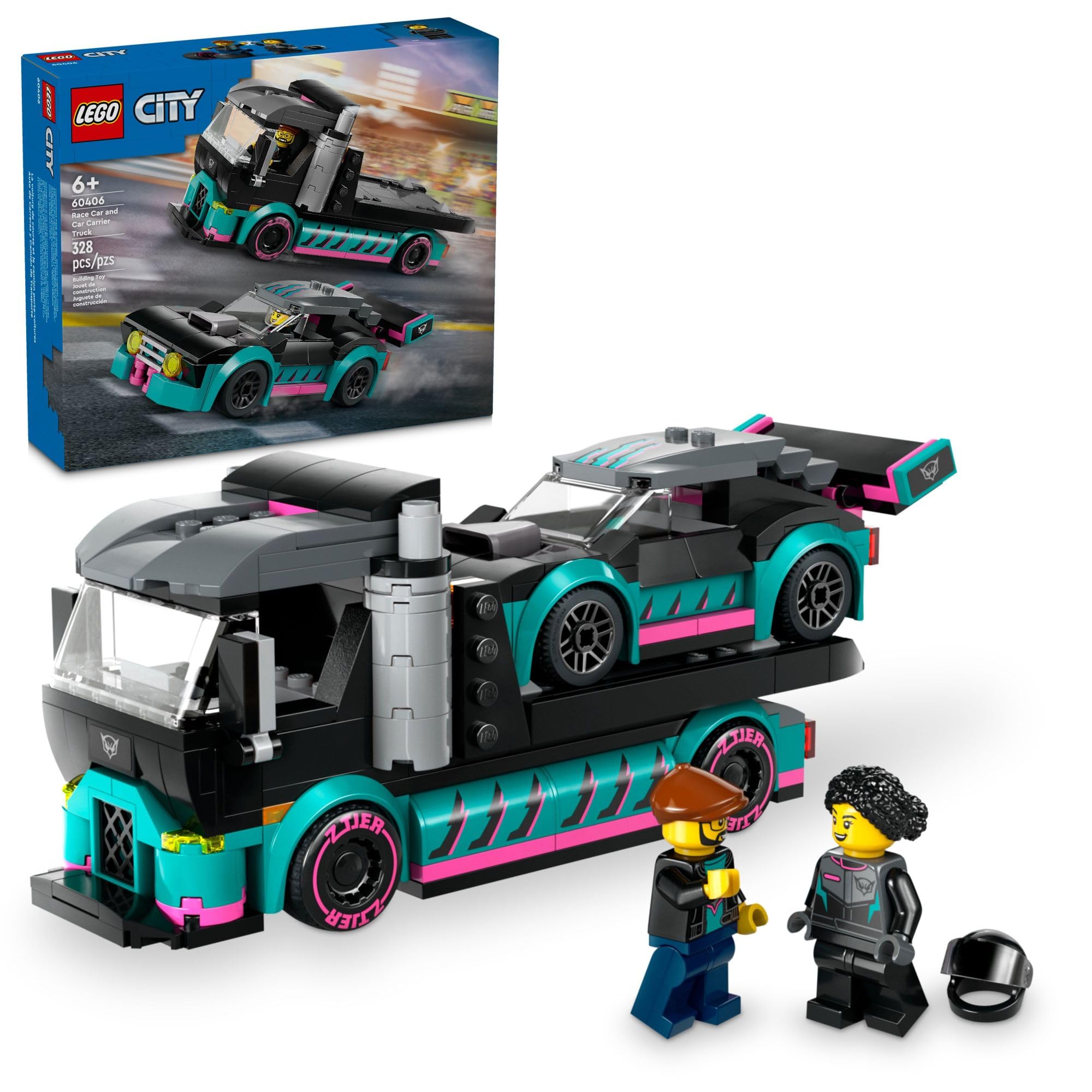 Photo 1 of LEGO City Race Car and Car Carrier Truck Toy Playset, Vehicle Transporter with Adjustable Loading Ramp and Race Car Toy, Racer and Driver Minifigures, Fun Gift for Kids Ages 6 and Up, 60406