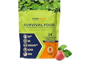 Prep-Right Survival - Survival Food Tabs, MRE for Camping, Hiking, and Prepper Supplies, Long Term Food Storage, Gluten Free and Non GMO, 15 Year Storage Shelf Life, 24 Count, Strawberry